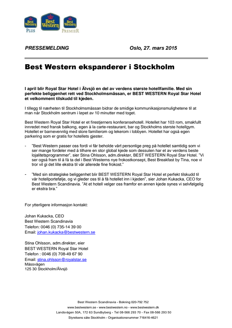 Best Western ekspanderer i Stockholm