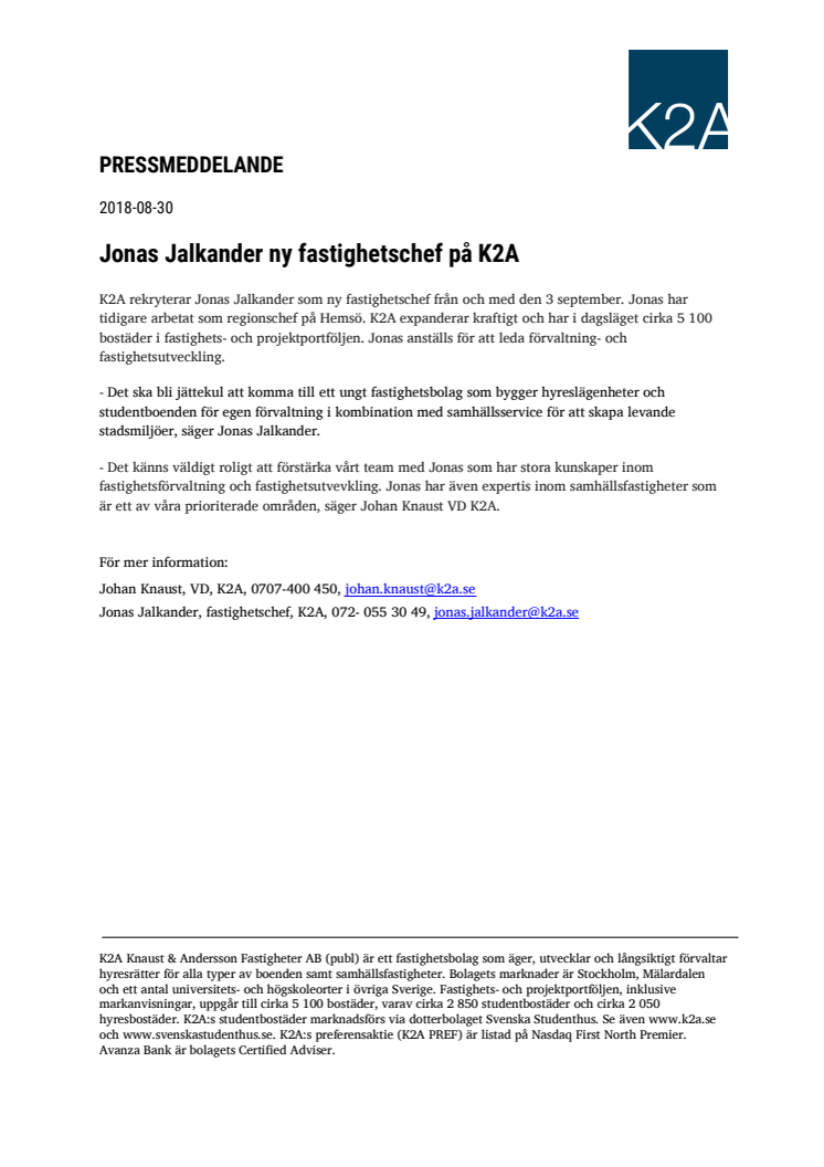 Jonas Jalkander ny fastighetschef på K2A  