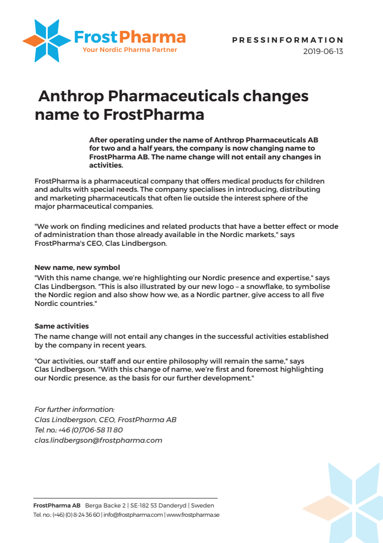 Anthrop Pharmaceuticals changes name to  FrostPharma