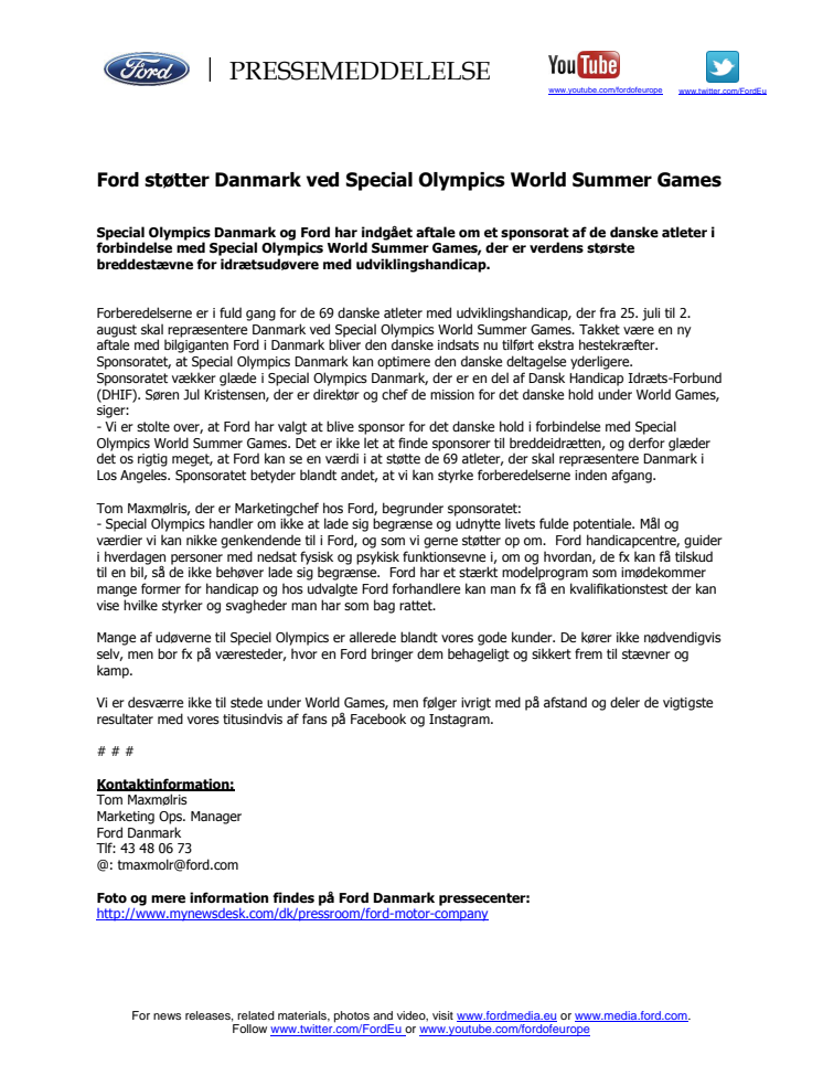 Ford støtter Danmark ved Special Olympics World Summer Games