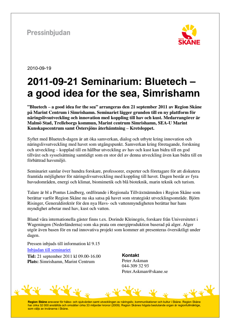Inbjudan - 2011-09-21 Seminarium: Bluetech – a good idea for the sea, Simrishamn