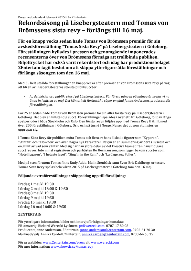 Rekordsäsong på Lisebergsteatern med Tomas von Brömssens sista revy – förlängs till 16 maj.
