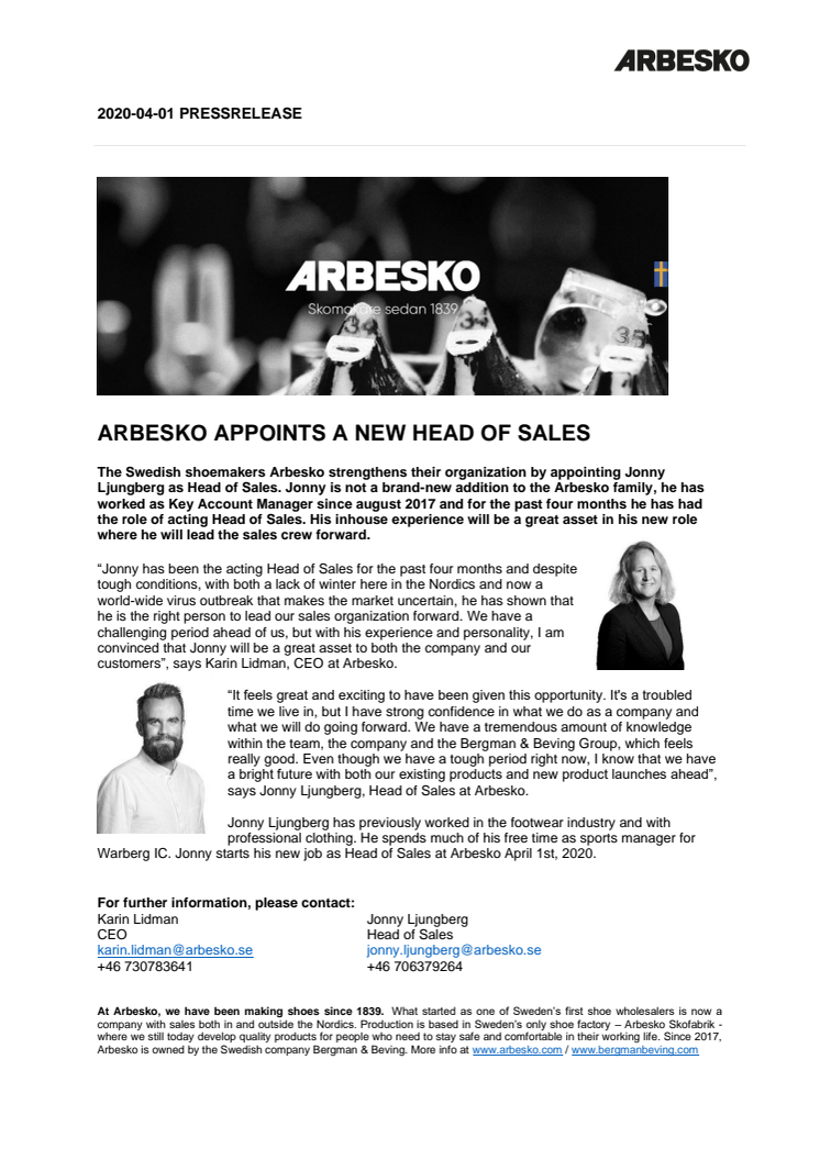 Arbesko_pressrelease_Arbesko appoints a new Head of Sales