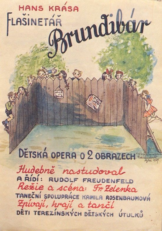 A poster for Brundibar at Theresienstadt/Terezin, in watercolor by an unknown artist.