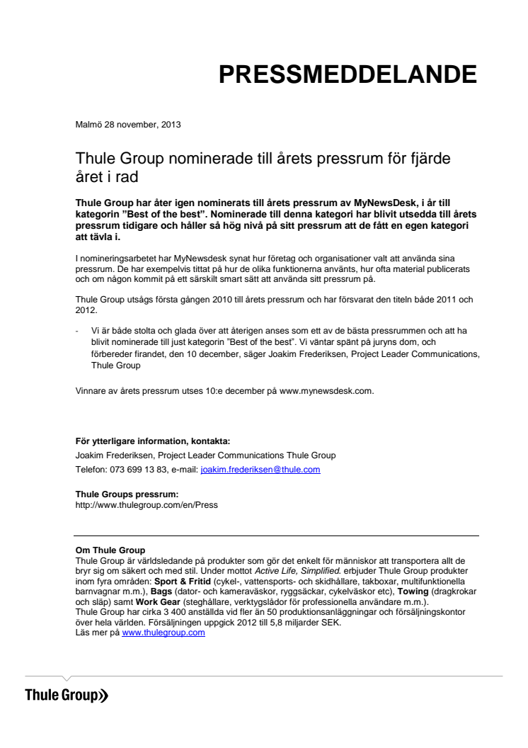 Thule Group nominerade till årets pressrum för fjärde året i rad
