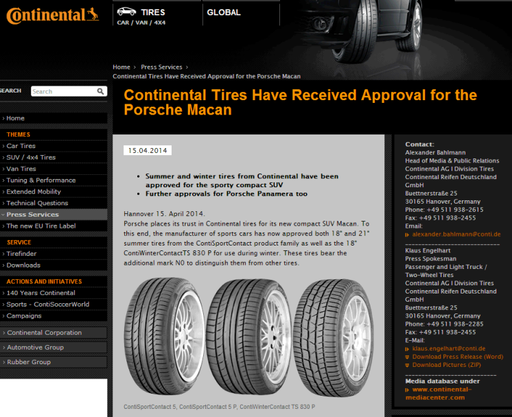 Continental tires have received approval for the Porsche Macan 