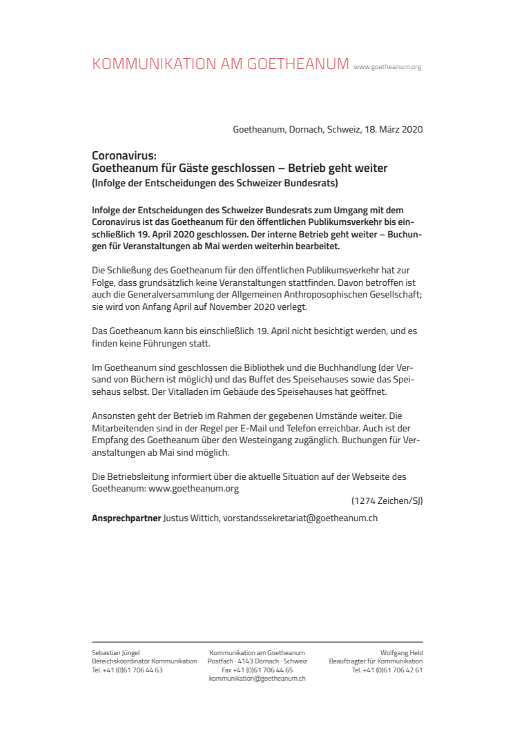 Coronavirus: Goetheanum für Gäste geschlossen – Betrieb geht weiter (Infolge der Entscheidungen des Schweizer Bundesrats zum Coronavirus)