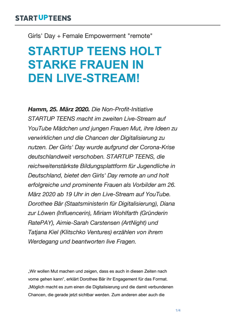 Girls' Day + Female Empowerment "remote": Zweite Live-Session am 26. März 2020 bei YouTube mit Staatsministerin Dorothee Bär