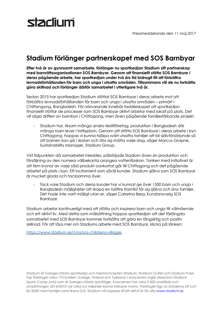 Stadium förlänger partnerskapet med SOS Barnbyar