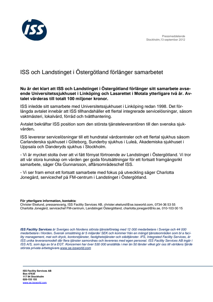 ISS och Landstinget i Östergötland förlänger samarbetet
