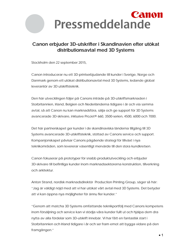 Canon erbjuder 3D-utskrifter i Skandinavien efter utökat distributionsavtal med 3D Systems