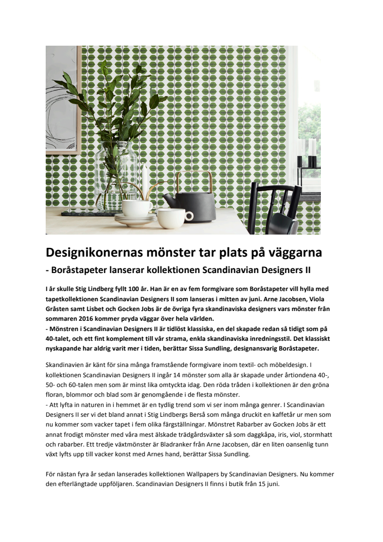 Designikonernas mönster tar plats på väggarna - Boråstapeter lanserar kollektionen Scandinavian Designers II