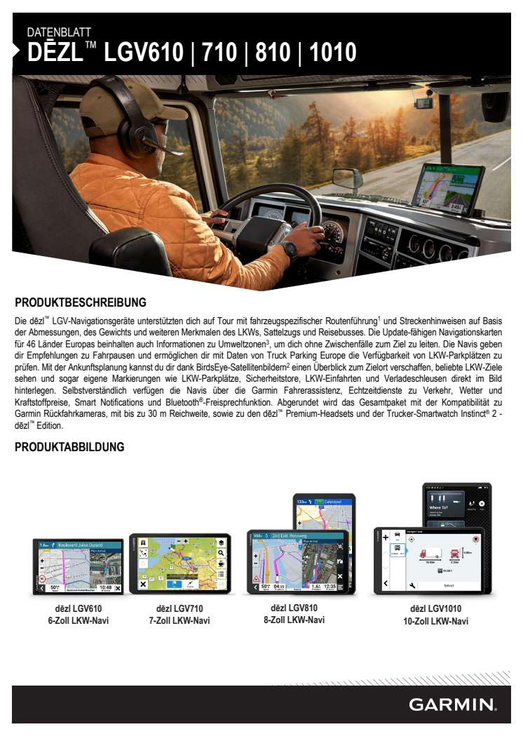 Datenblatt Garmin DEZL LGV 2022 Serie