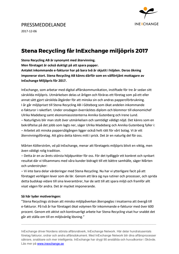 Stena Recycling får InExchange miljöpris 