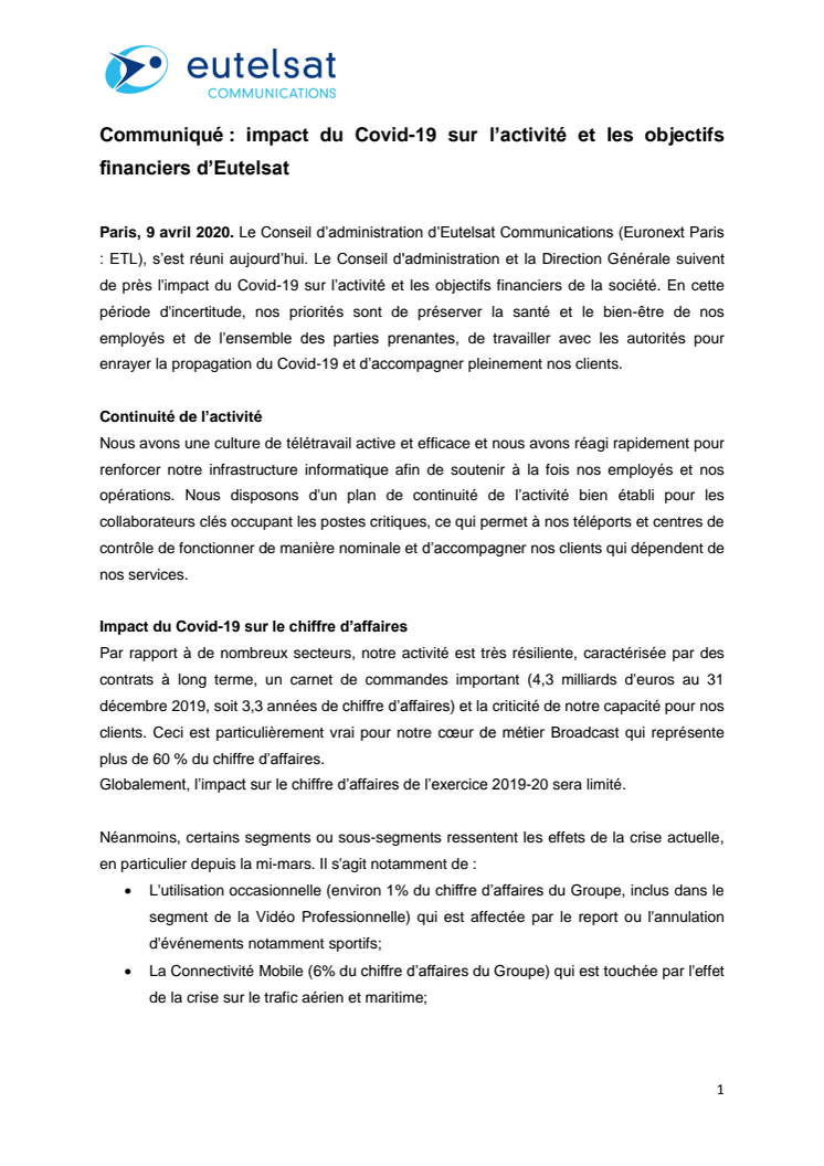 Communiqué : impact du Covid-19 sur l’activité et les objectifs financiers d’Eutelsat