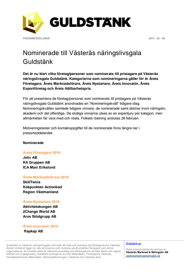 Nominerade till Västerås näringslivsgala Guldstänk