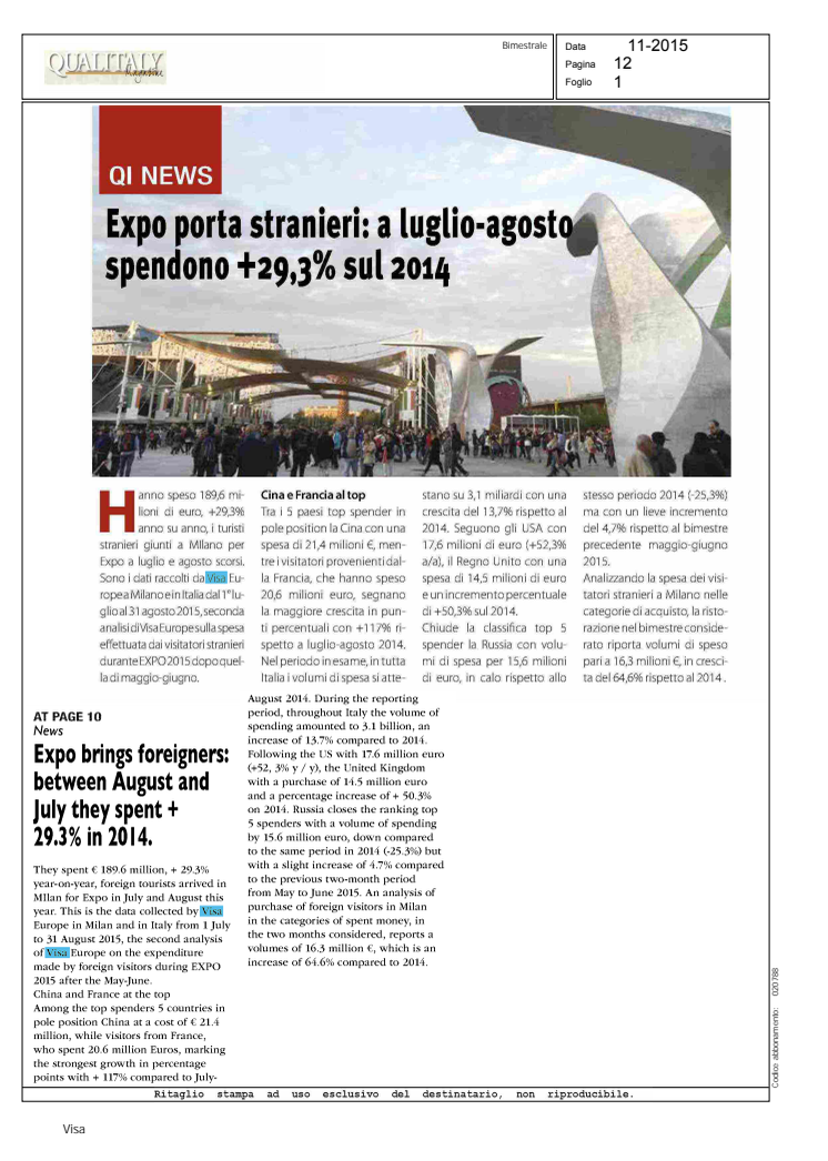 EXPO PORTA STRANIERI: A LUGLIO-AGOSTO SPENDONO +29,3% SUL 2014