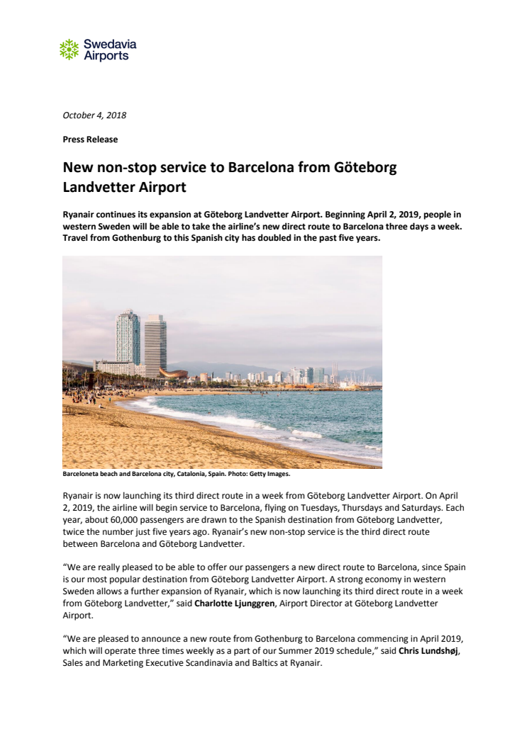 New non-stop service to Barcelona from Göteborg Landvetter Airport