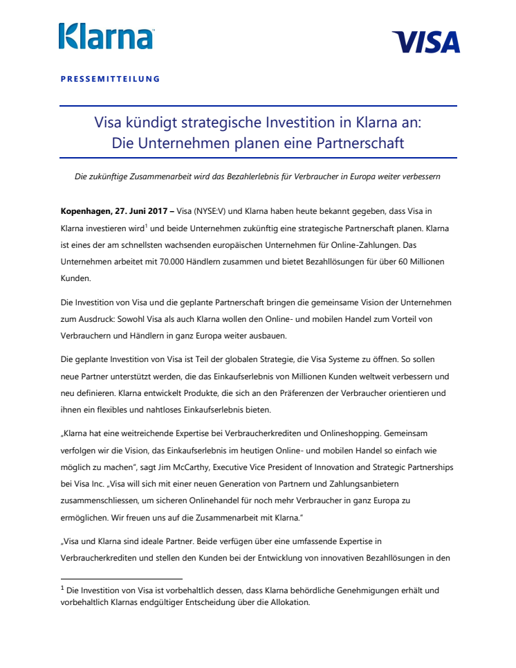 Visa kündigt strategische Investition in Klarna an: Die Unternehmen planen eine Partnerschaft 