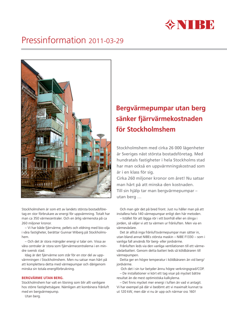 Bergvärmepumpar utan berg sänker fjärrvärmekostnaden för Stockholmshem