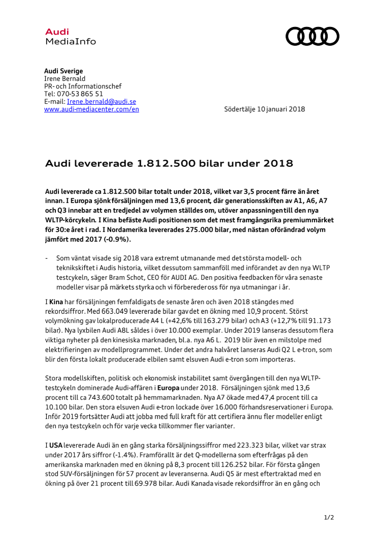 Audi levererade 1.812.500 bilar under 2018