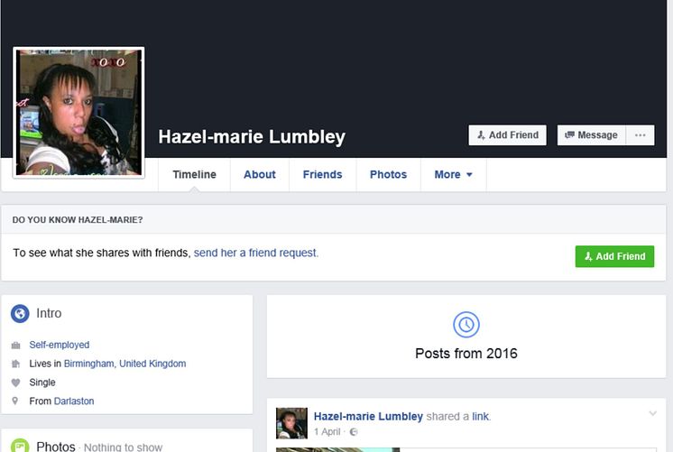 Hazell Lumbley's Facebook profile, used to sell cigarettes