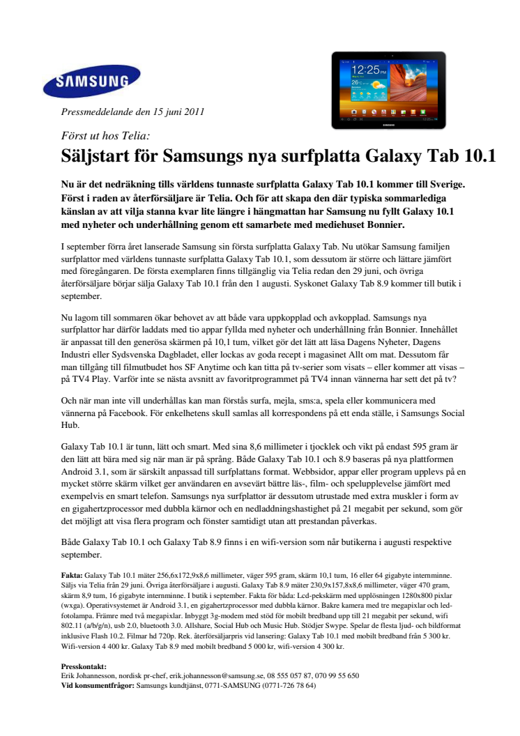 Säljstart för Samsungs nya surfplatta Galaxy Tab 10.1
