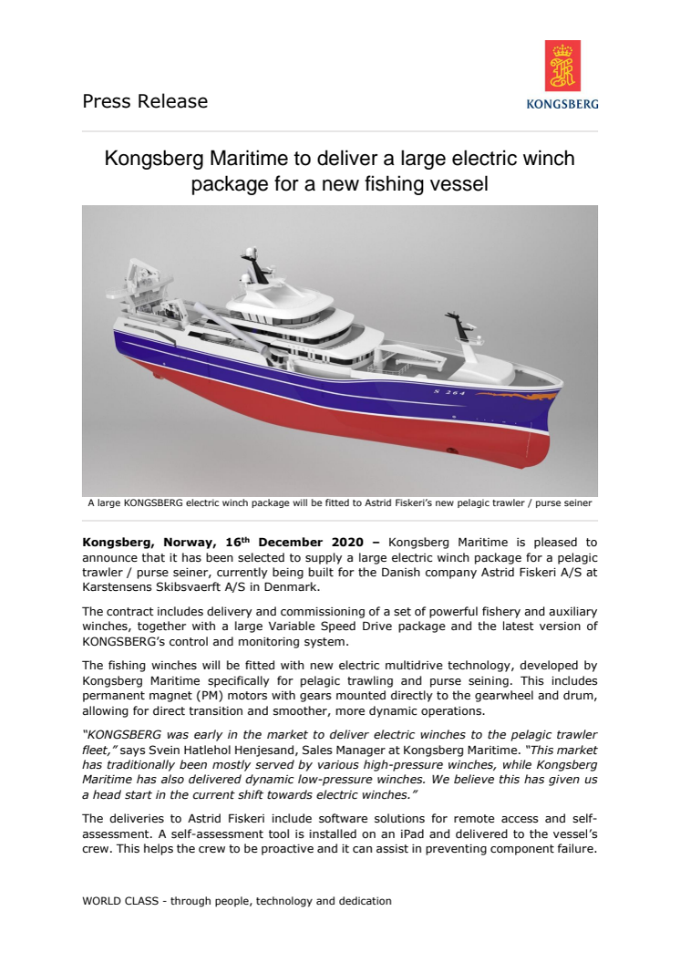 Kongsberg Maritime to deliver a large electric winch package for a new fishing vessel