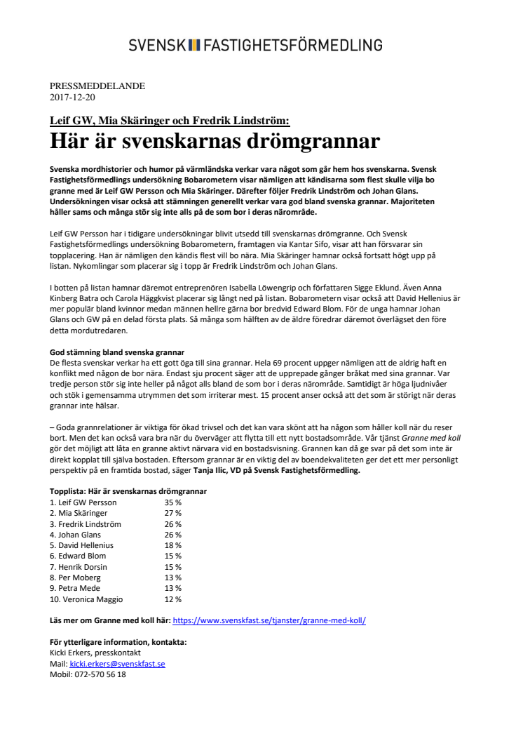 Leif GW, Mia Skäringer och Fredrik Lindström: Här är svenskarnas drömgrannar