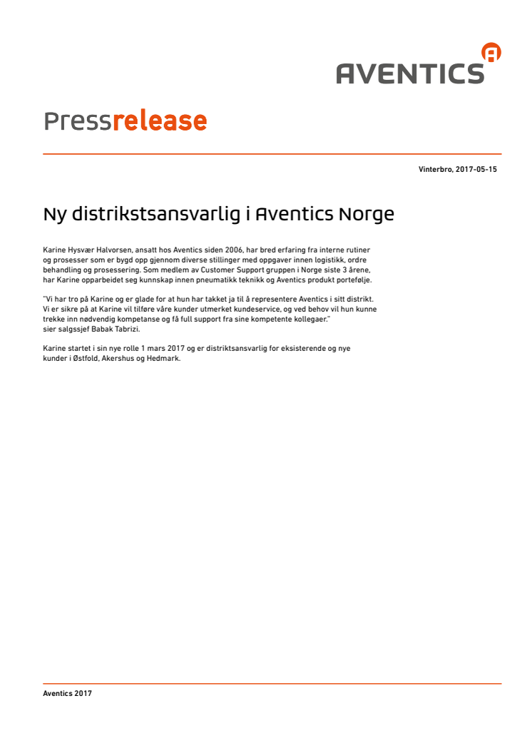 Ny distrikstsansvarlig i Aventics Norge