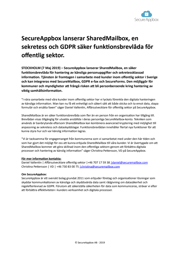 SecureAppbox lanserar SharedMailbox, en sekretess och GDPR säker funktionsbrevlåda för offentlig sektor