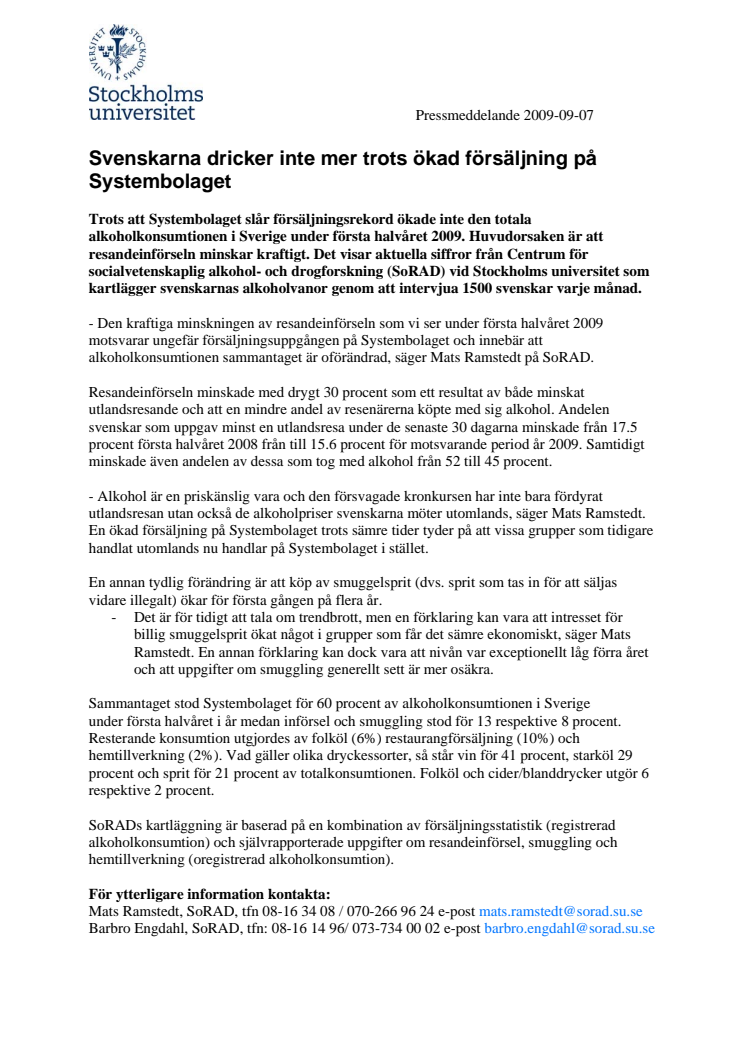 Beräkning av den totala alkoholkonsumtionen i Sverige under första halvåret år 2009 i jämförelse med första halvåret år 2008 (liter ren [100 %] alkohol per invånare 15 år och äldre)