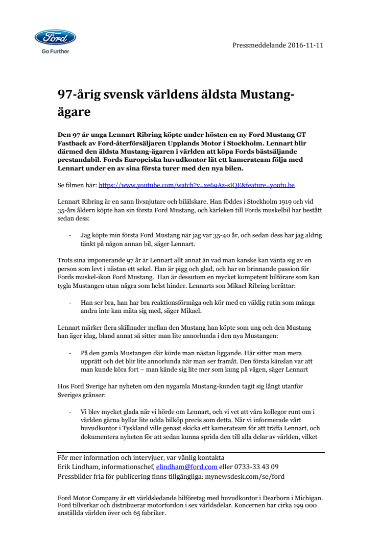 97-årig svensk världens äldsta Mustang-ägare