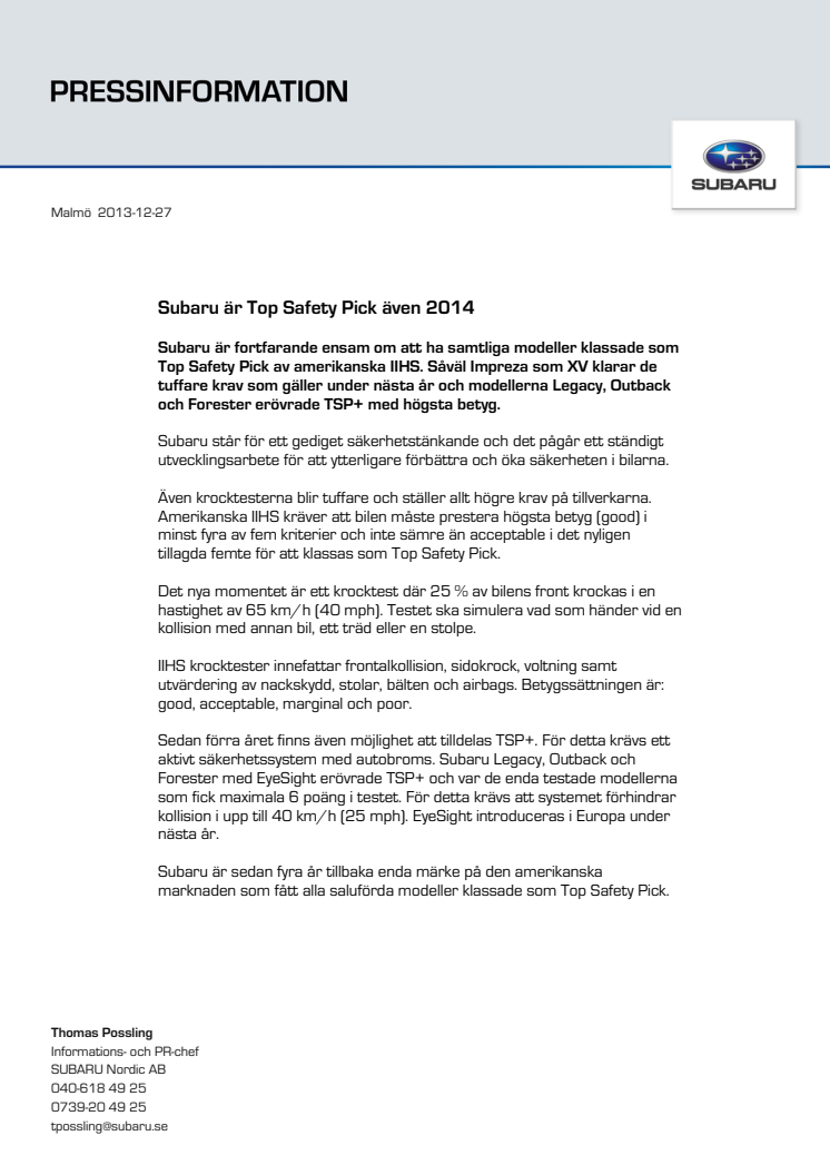 Subaru är Top Safety Pick även 2014