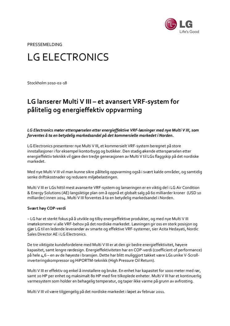 LG lanserer Multi V III – et avansert VRF-system for pålitelig og energieffektiv oppvarming