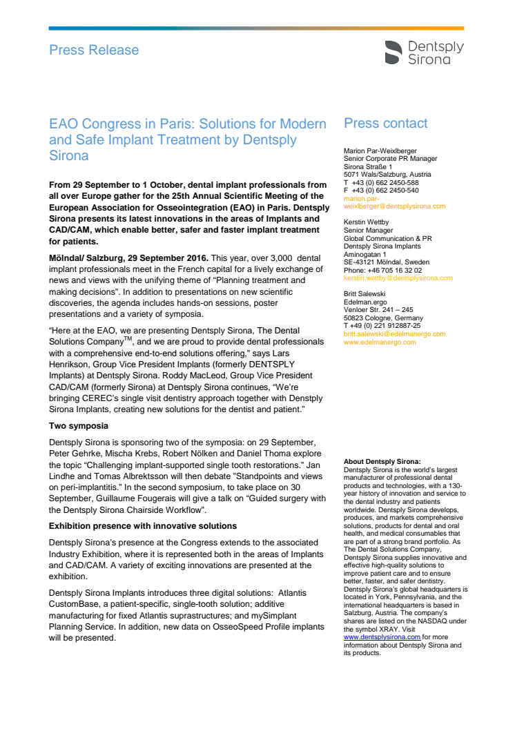 EAO Congress in Paris: Solutions for Modern and Safe Implant Treatment by Dentsply Sirona