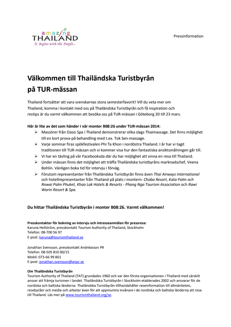  Välkommen till Thailändska Turistbyrån  på TUR-mässan
