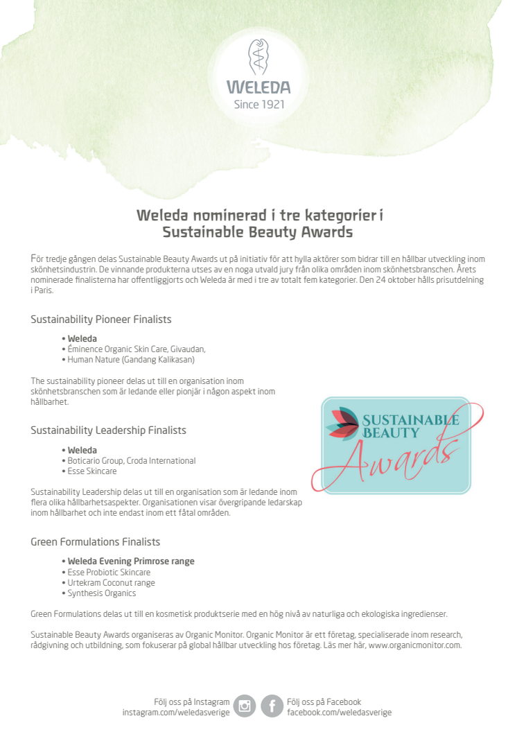 ​Weleda nominerad i Sustainable Beauty Awards