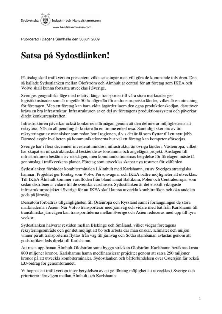 Satsa på Sydostlänken