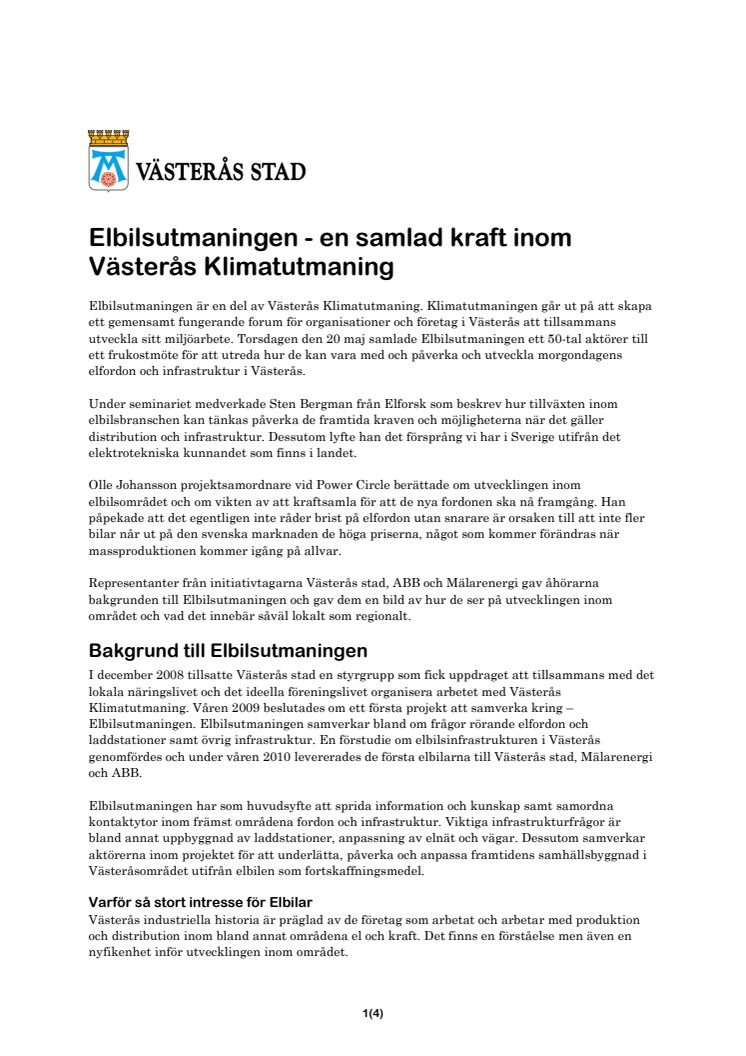 Elbilsutmaningen - en samlad kraft inom Västerås Klimatutmaning