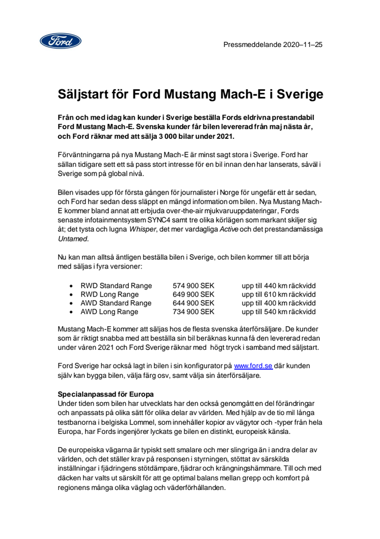 Säljstart för Ford Mustang Mach-E i Sverige