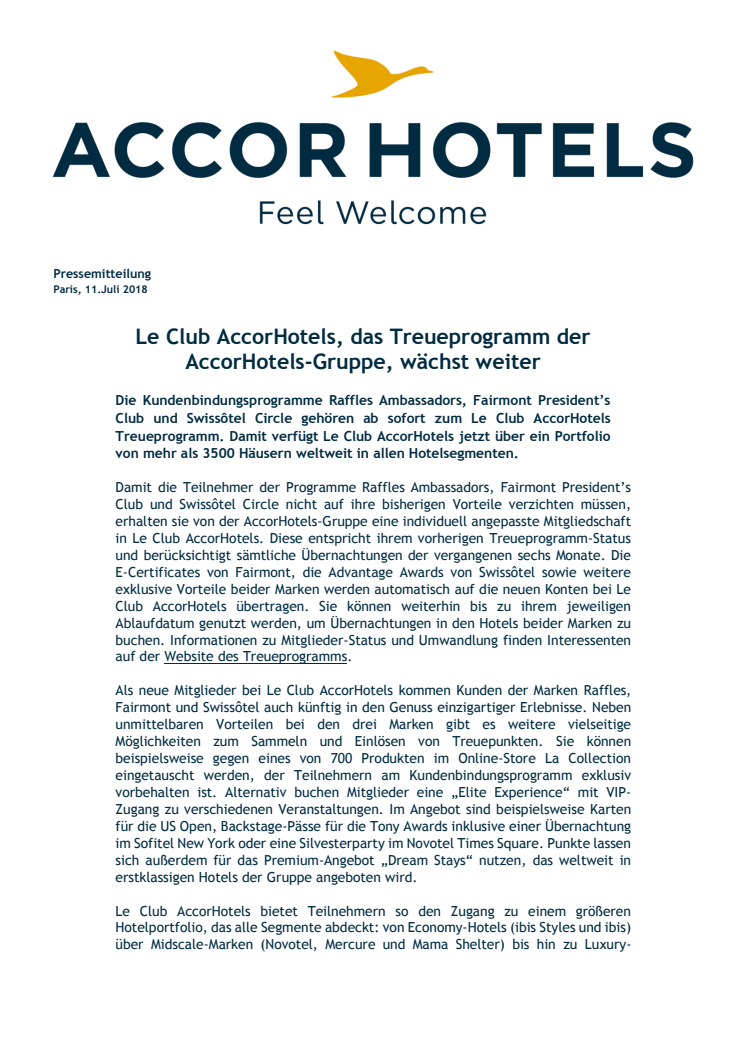 Le Club AccorHotels, das Treueprogramm der AccorHotels-Gruppe, wächst weiter