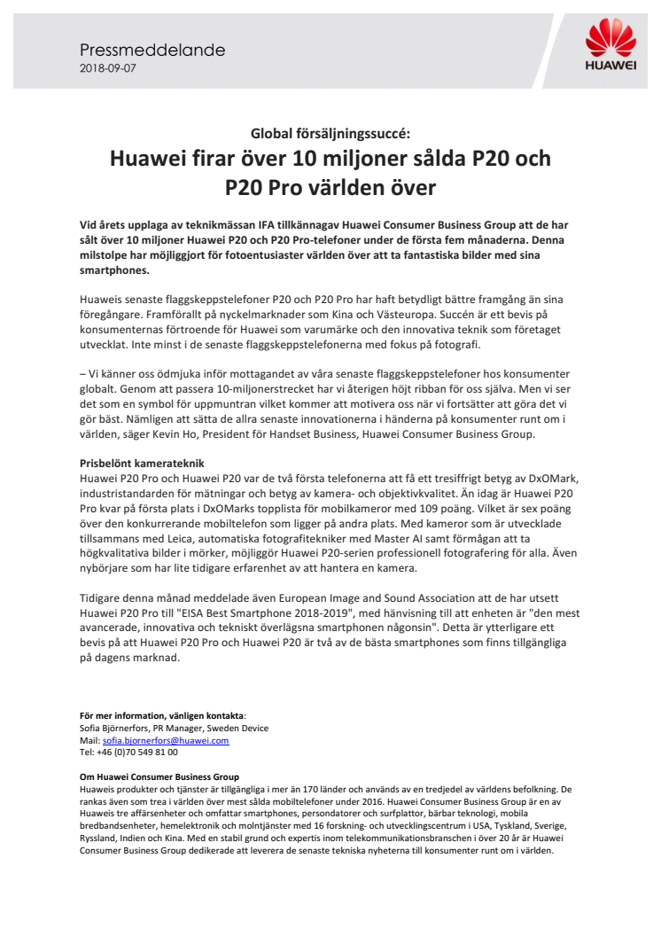 Global försäljningssuccé: Huawei firar över 10 miljoner sålda P20 och  P20 Pro världen över