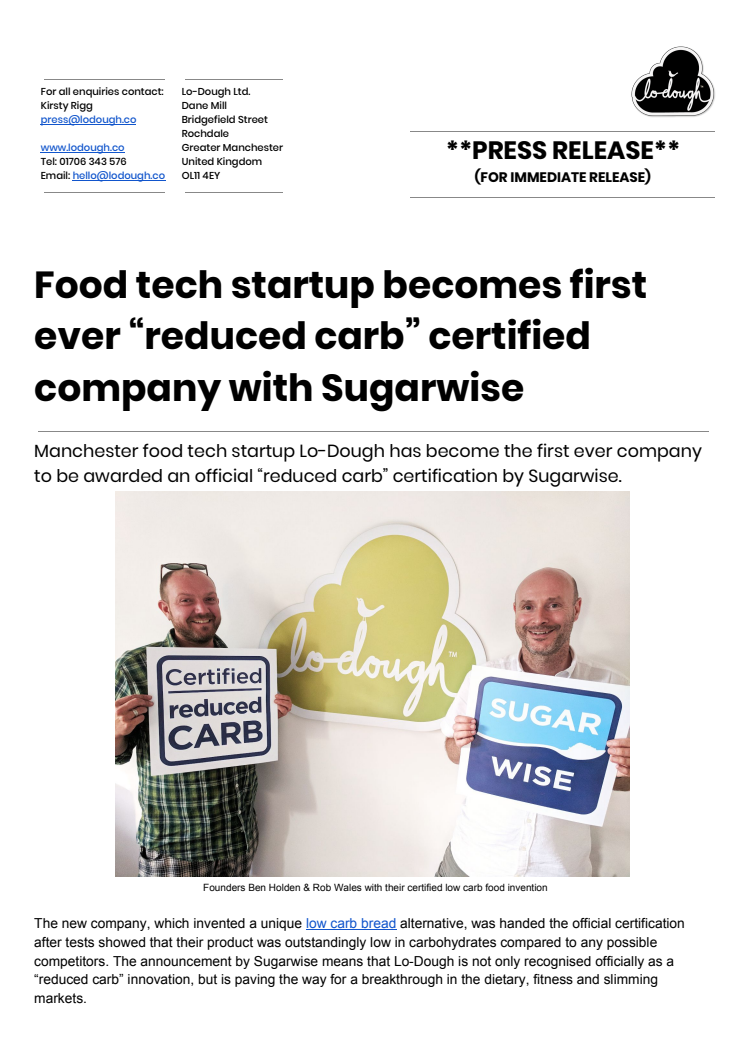Food tech startup becomes first ever “reduced carb” certified product with Sugarwise