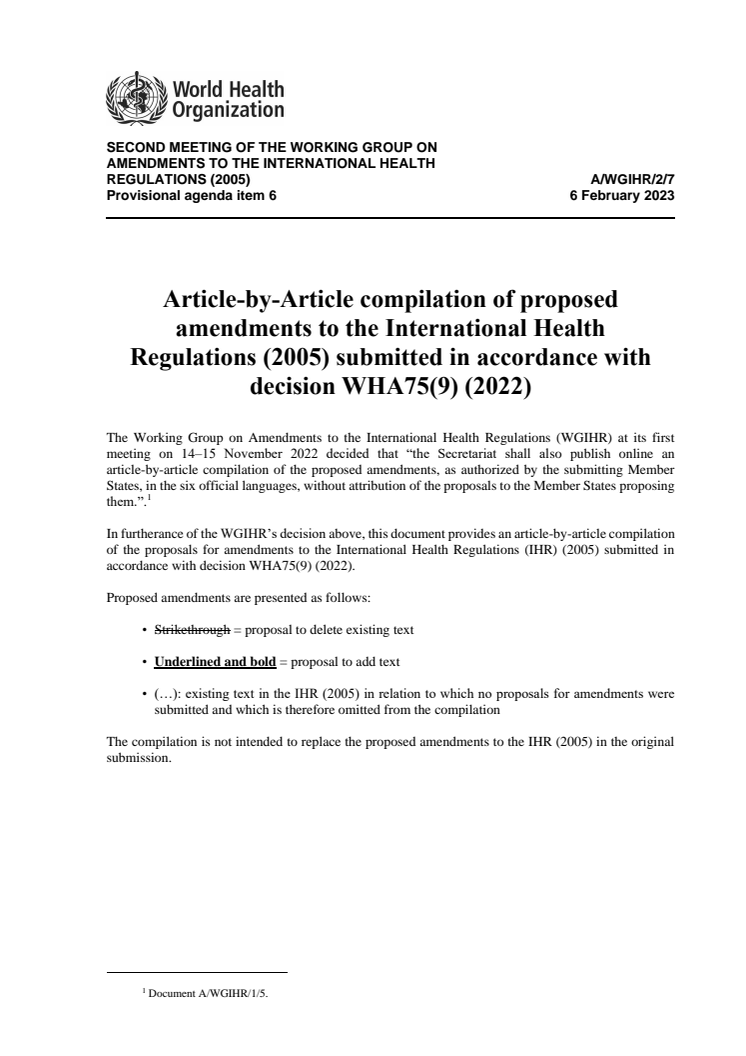 Article-by-Article compilation of proposed  amendments to the International Health Regulations (2005) submitted in accordance with  decision WHA75(9) (2022)
