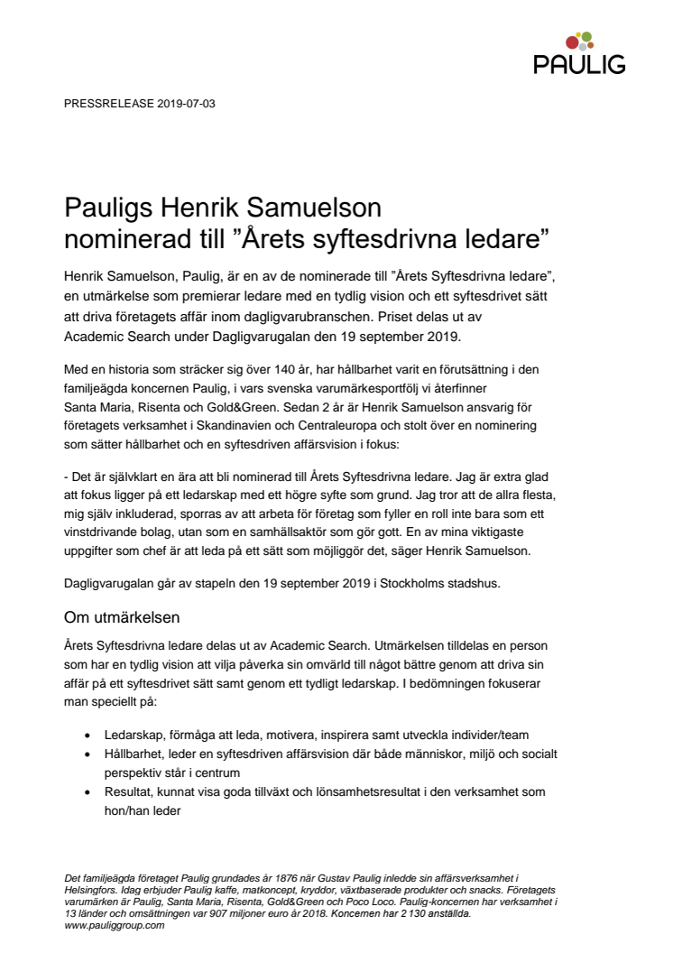 Pauligs Henrik Samuelson  nominerad till ”Årets syftesdrivna ledare”