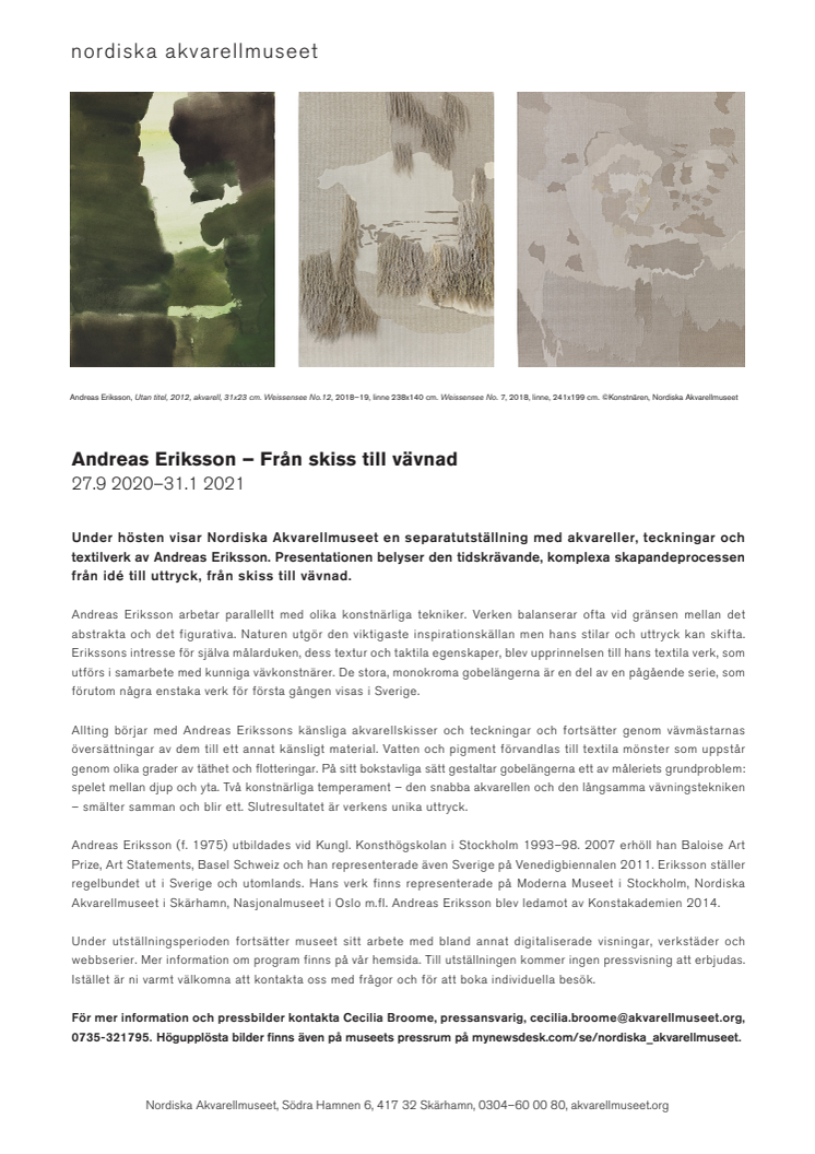 Höstens utställning på Nordiska Akvarellmuseet: Andreas Eriksson – Från skiss till vävnad