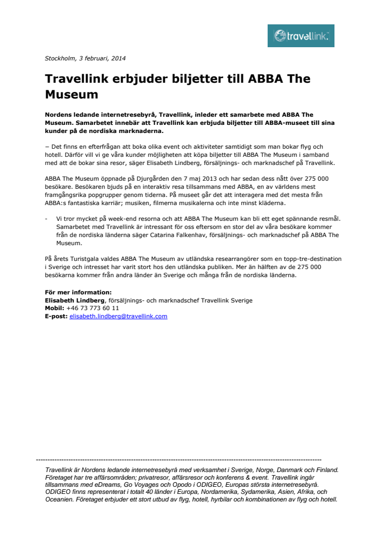 Travellink erbjuder biljetter till ABBA The Museum