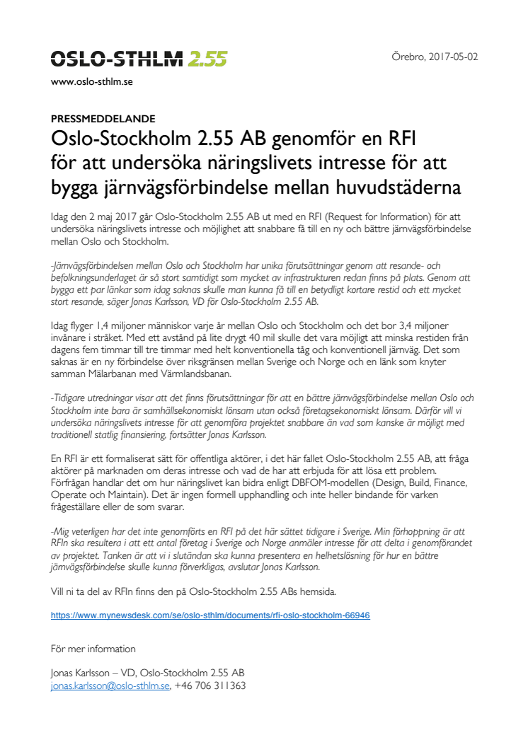 ​Oslo-Stockholm 2.55 AB genomför en RFI för att undersöka näringslivets intresse för att bygga järnvägsförbindelse mellan huvudstäderna
