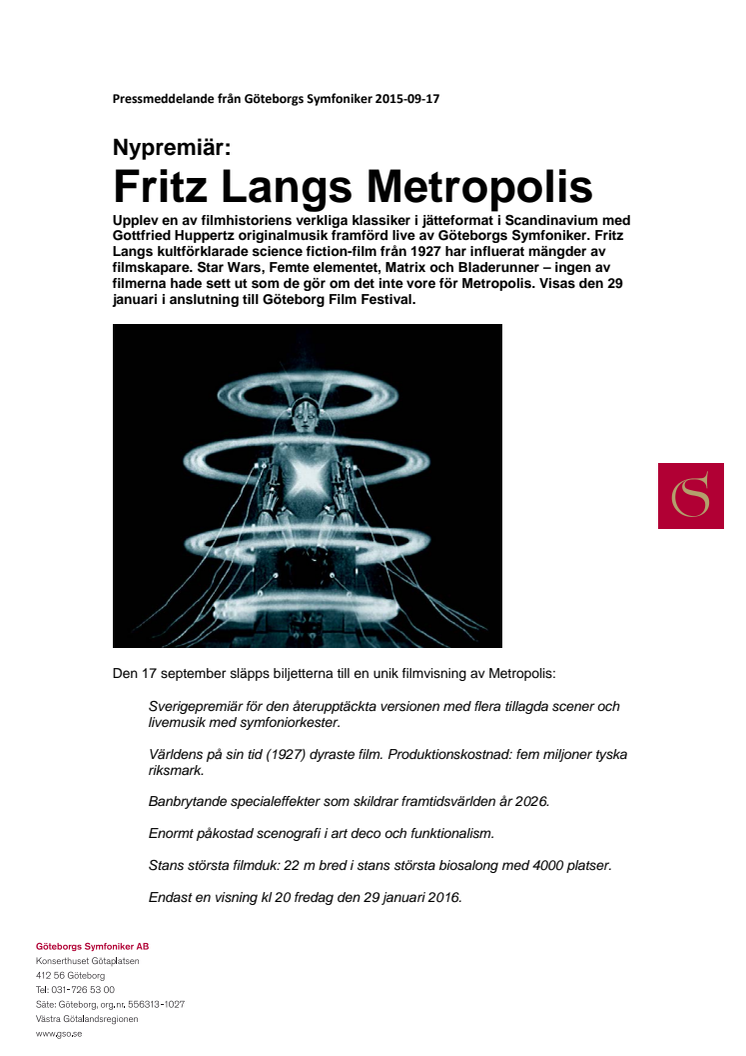 Nypremiär: Fritz Langs filmklassiker Metropolis på Scandinavium